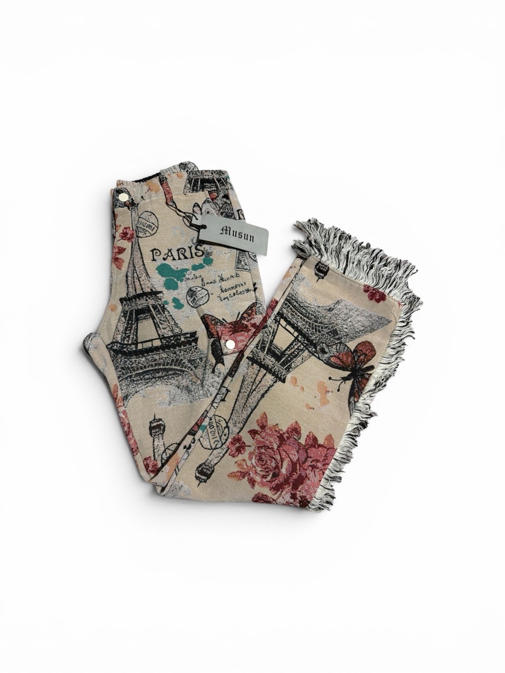 Fashion Nova Beige Paris Print Ankle Jeans with Pink Floral Accents